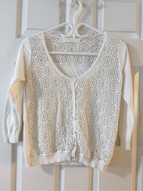Zara Knit White Open Front Cardigan Crochet Lace Cutout Cotton Blend Medium M